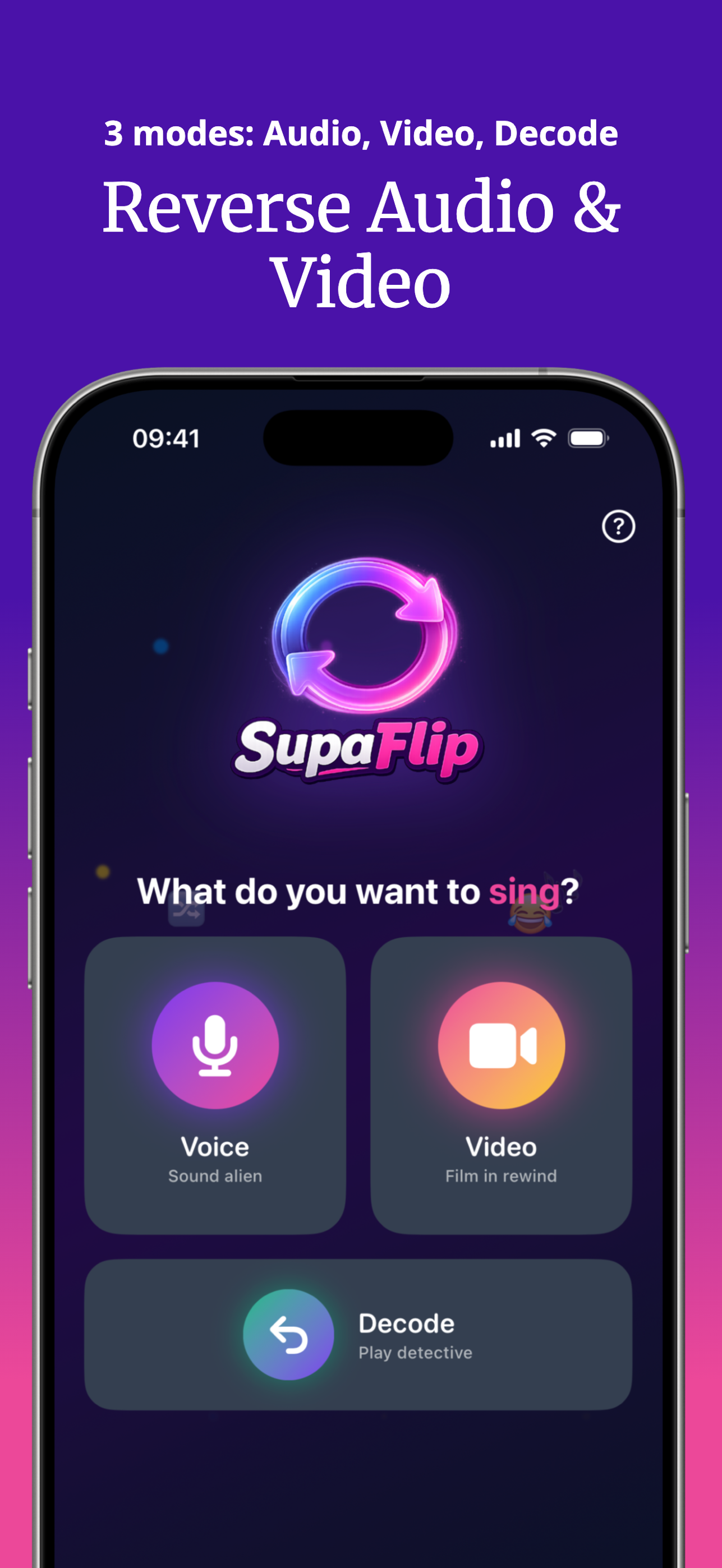 Pantalla de inicio de SupaFlip con los modos Audio, Vídeo y Decodificar