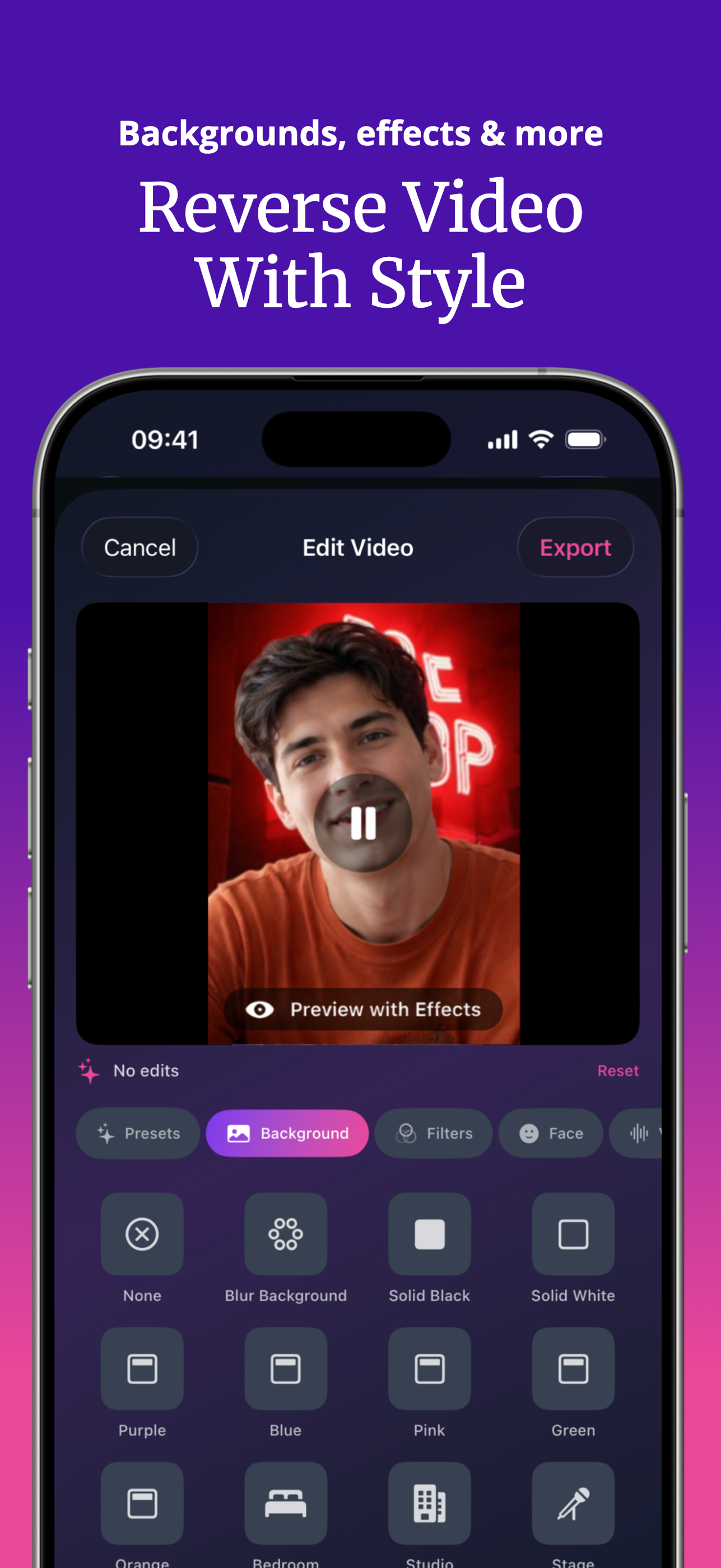SupaFlip video editor reversing a clip with sound, backgrounds and filters
